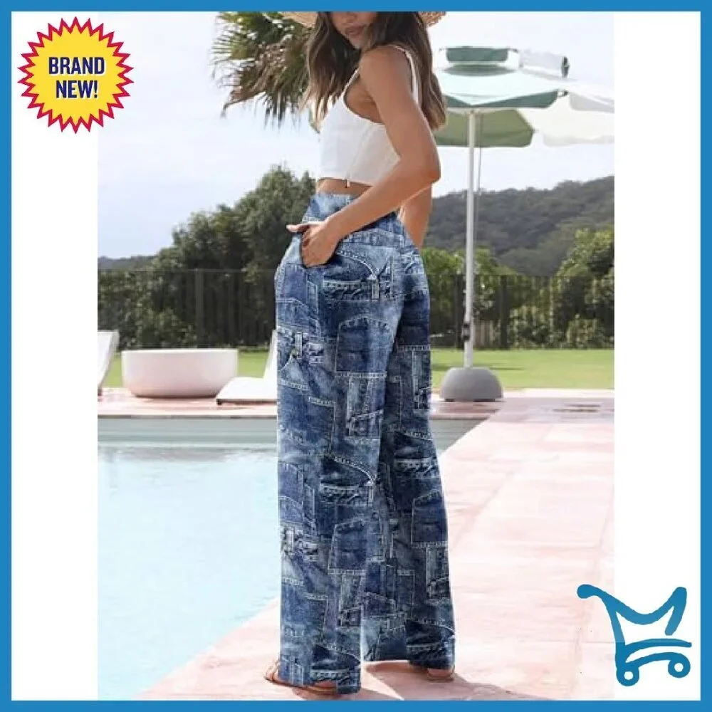 High Waist Wide Leg Lounge Pants with Pockets - Polyester Spandex